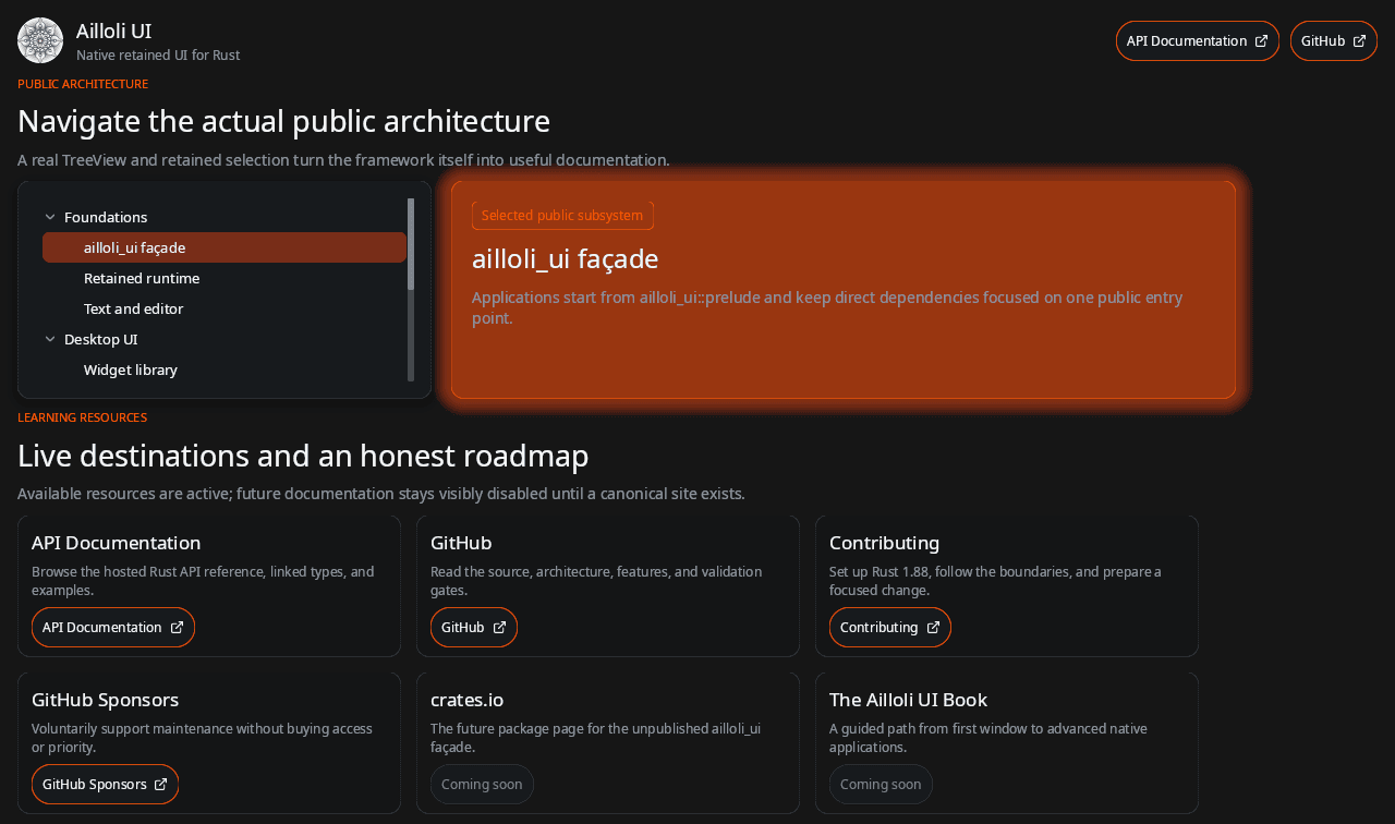 A real Ailloli UI application showing dark panels, orange accents, controls, charts, and developer tools.